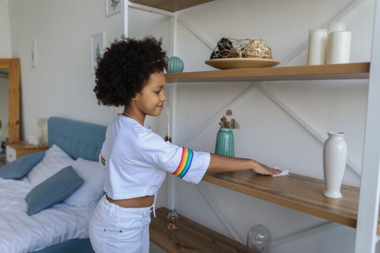 woman cleaning shelf