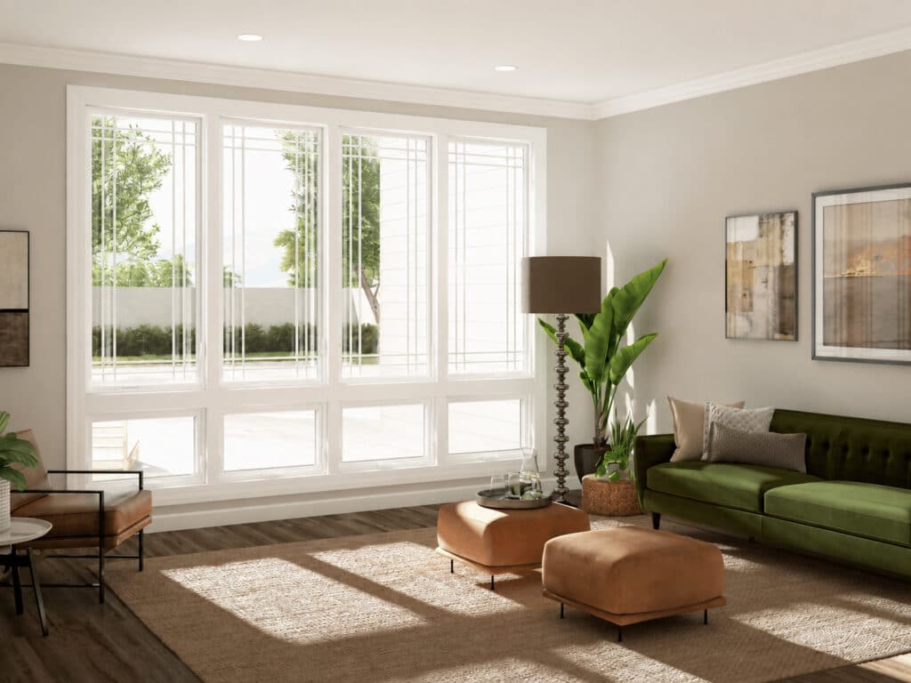 Replacement awning windows from Window World in living room overlooking a pool