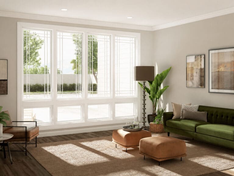 Replacement awning windows from Window World in living room overlooking a pool