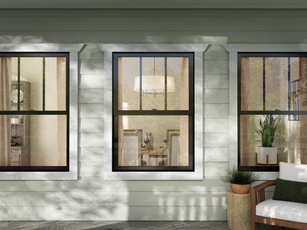 Exterior shot of black double hung windows